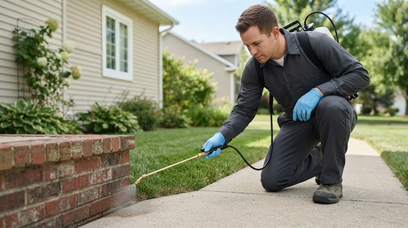 Pest control technician treating a home near Snow, OK