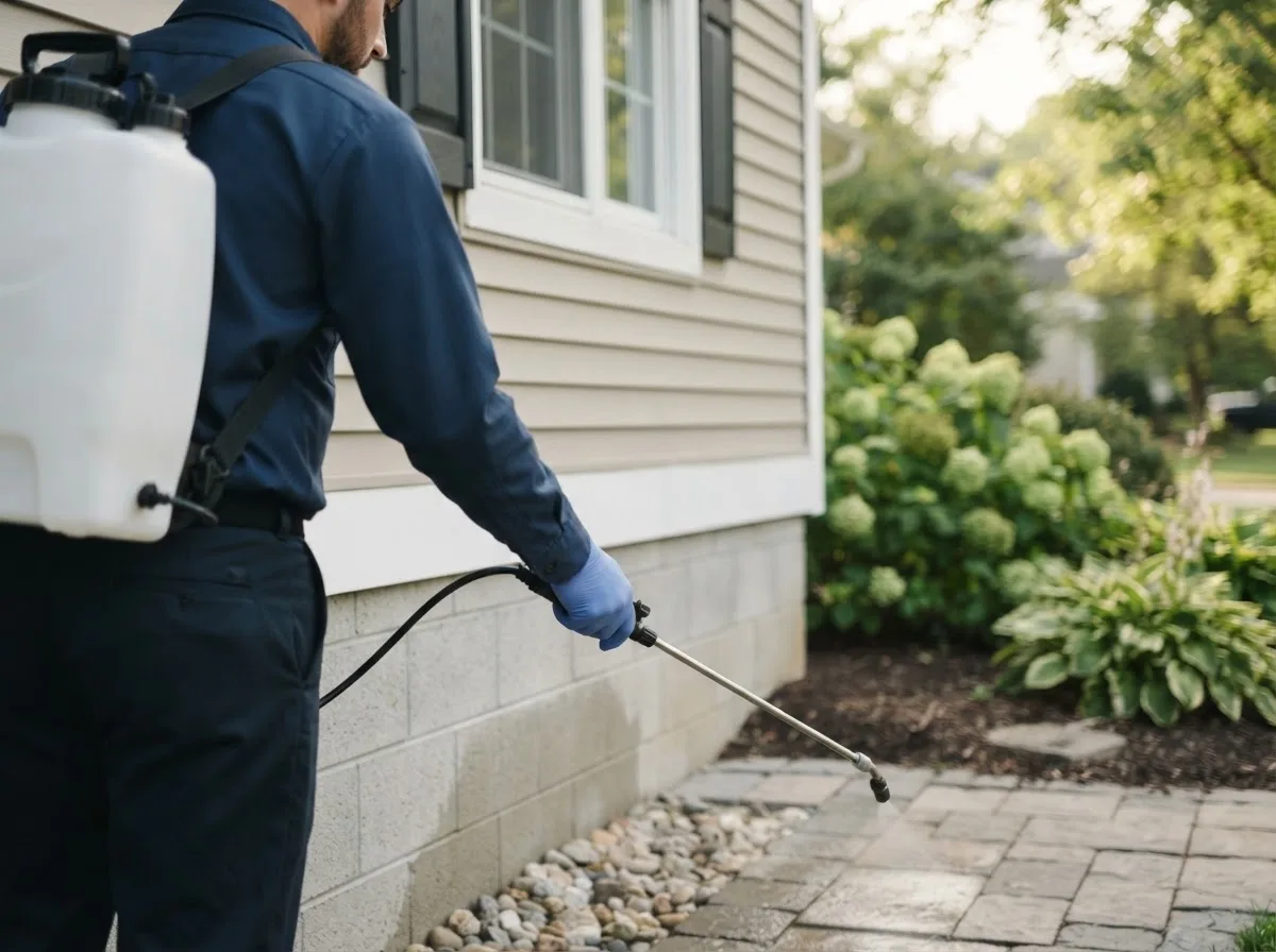 Pest control technician inspecting a home in Snow, OK
